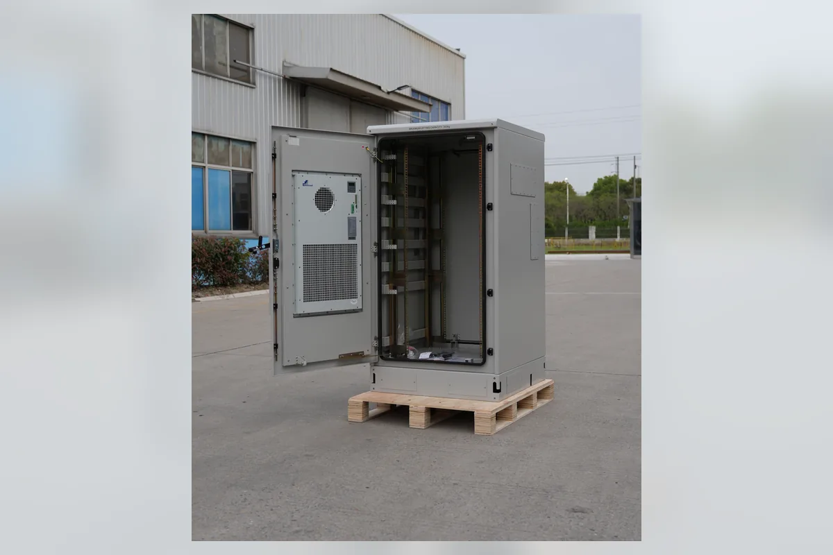 Open outdoor equipment cabinet with door-mounted thermal unit