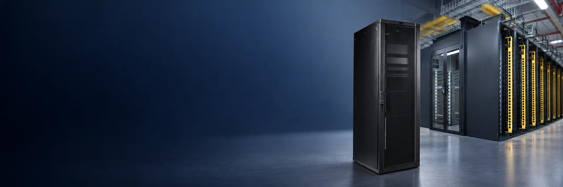 Data-center and network cabinet products on a dark blue background