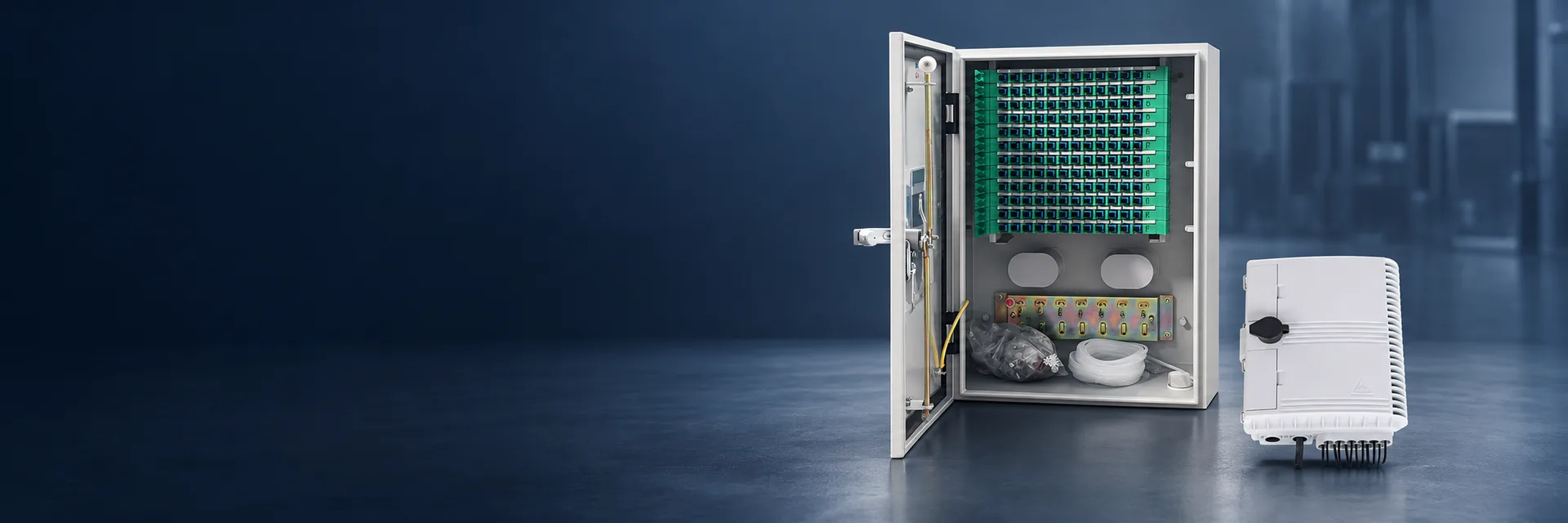 Optical distribution and fiber management products on a dark blue background