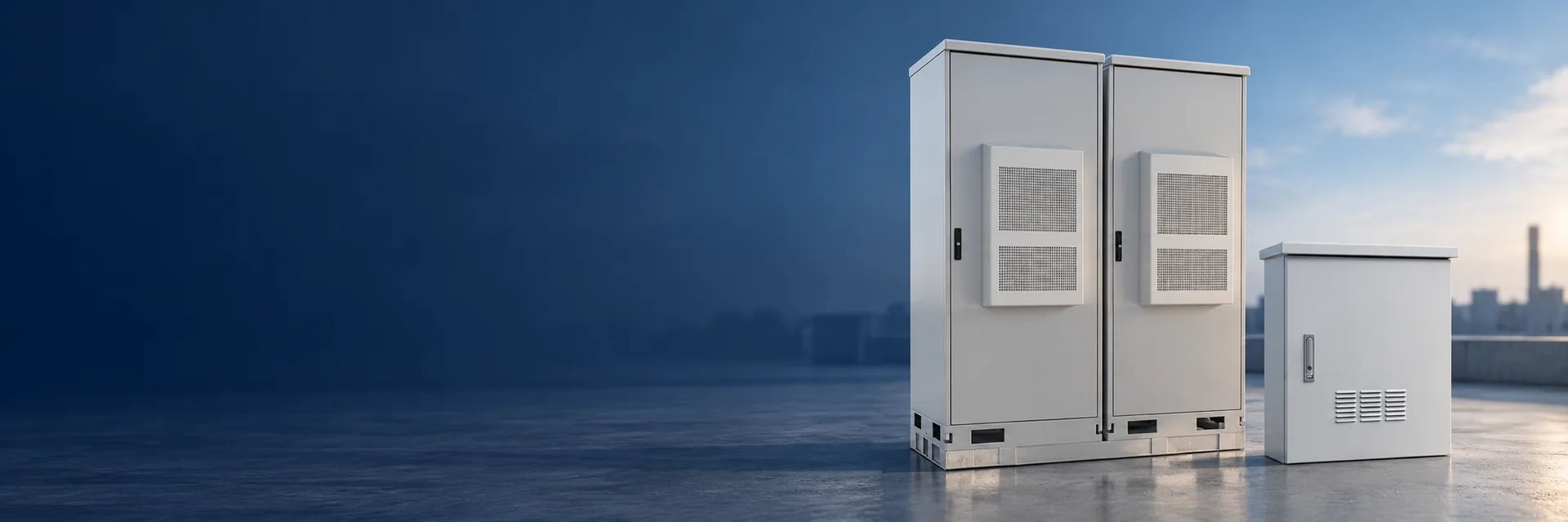 Outdoor communications cabinet products on a dark blue background