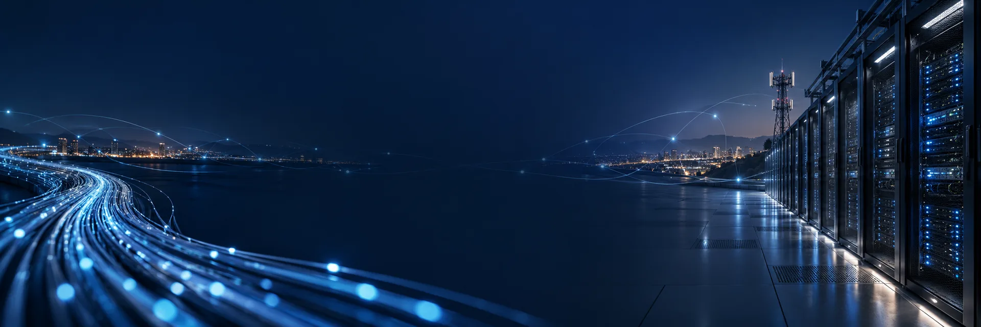 Conceptual communications panorama combining optical fiber, a data center and radio network infrastructure