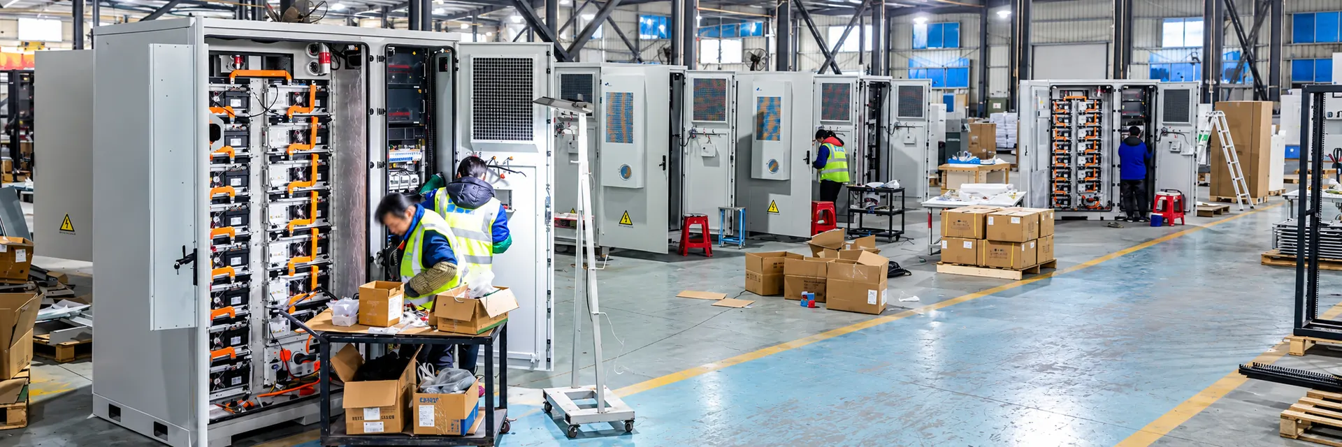 Communications and energy cabinet assembly line in a manufacturing workshop
