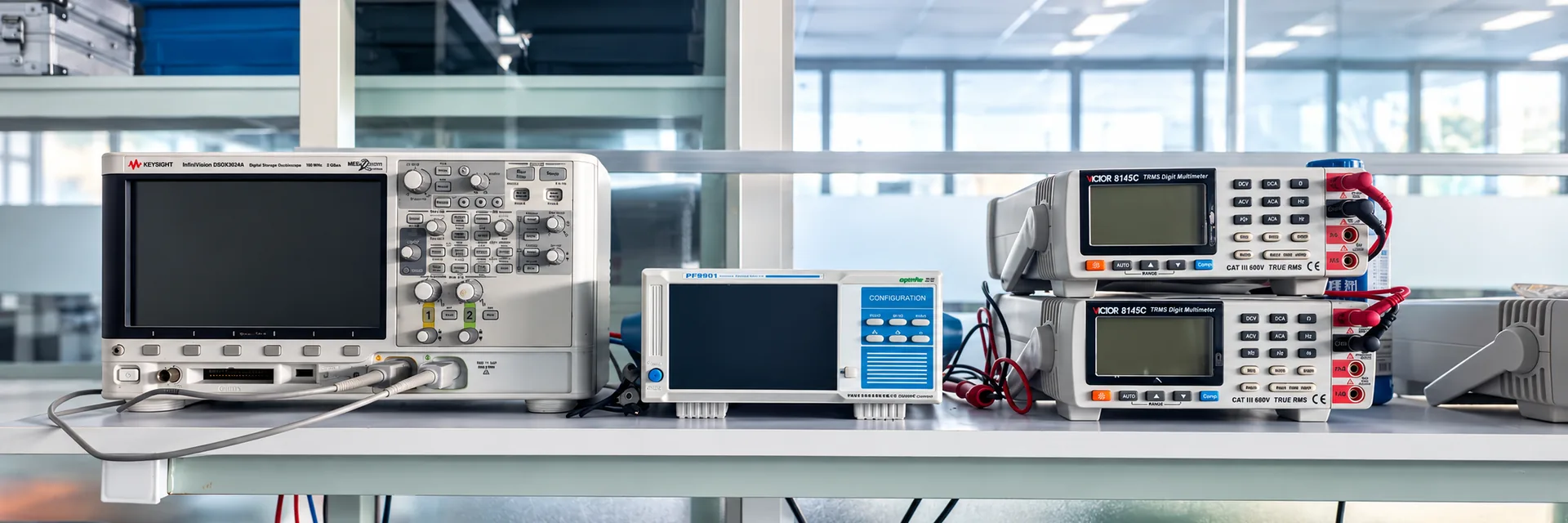 Oscilloscope and measurement instruments on an equipment test laboratory bench
