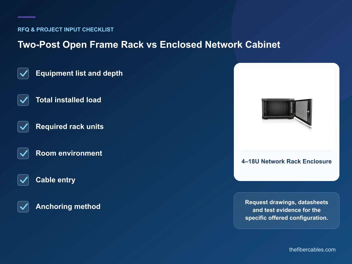 RFQ checklist for open frame rack vs cabinet using real product imagery