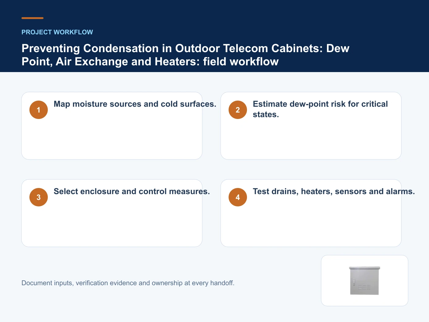 Project workflow for outdoor telecom cabinet condensation with verified product imagery