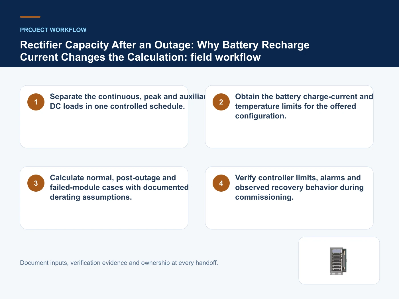 Project workflow for telecom rectifier battery recharge current with verified product imagery