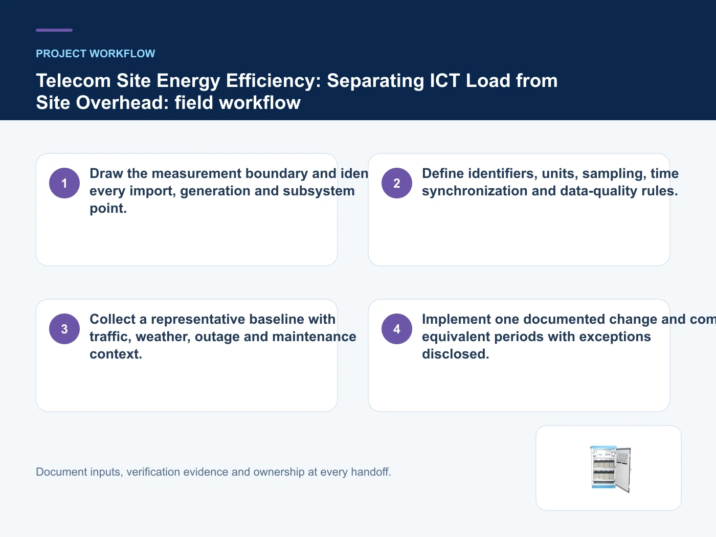 Project workflow for telecom site energy efficiency with verified product imagery