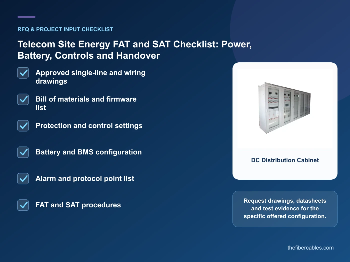 RFQ checklist for telecom power system FAT SAT checklist using real product imagery