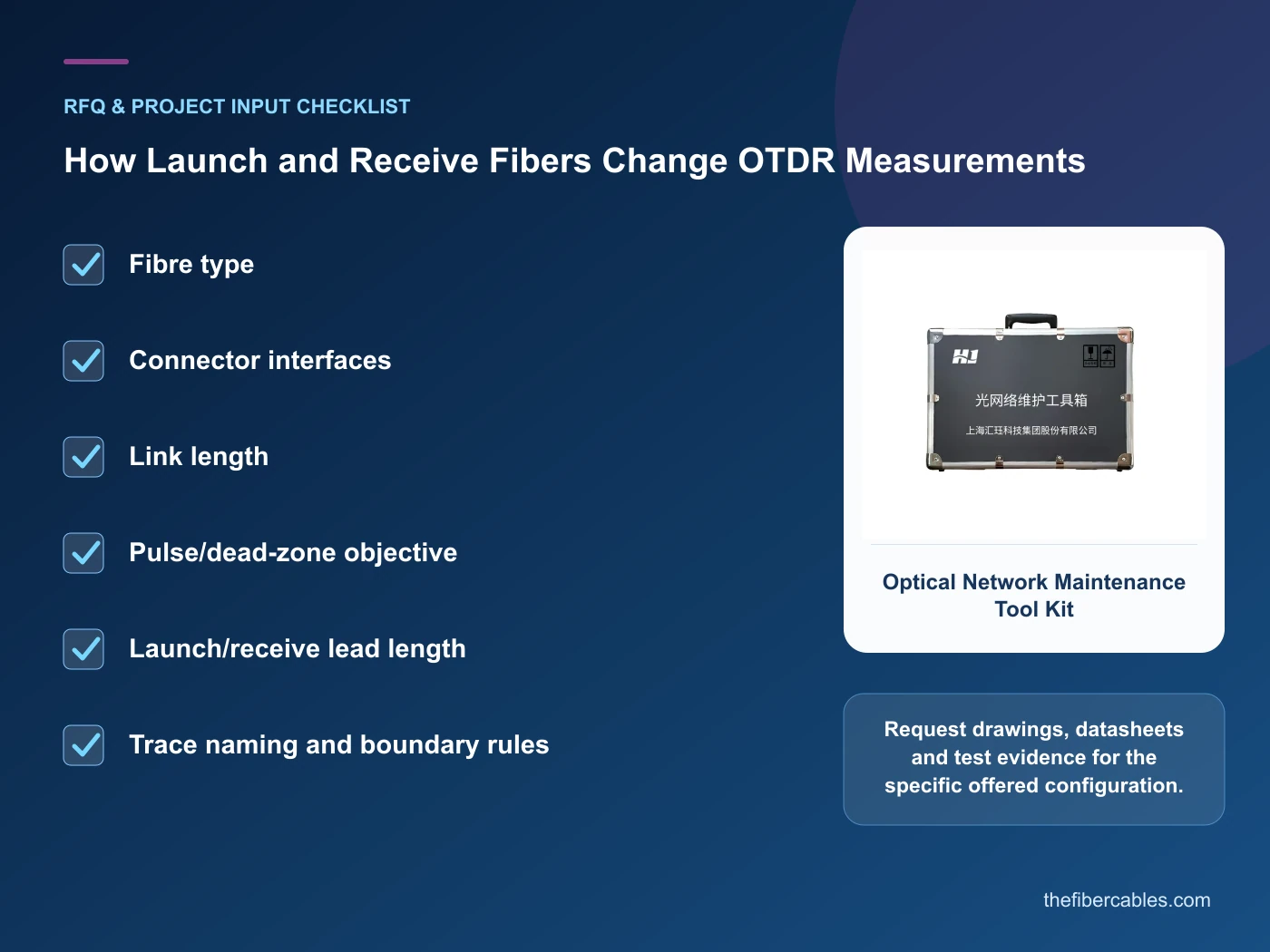 RFQ checklist for OTDR launch cable using real product imagery