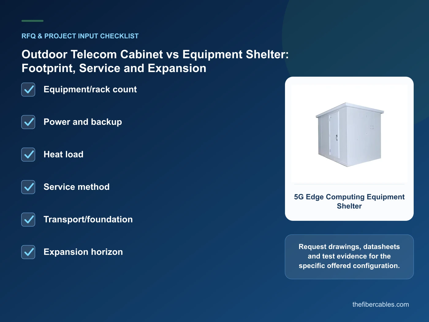 RFQ checklist for telecom cabinet vs equipment shelter using real product imagery