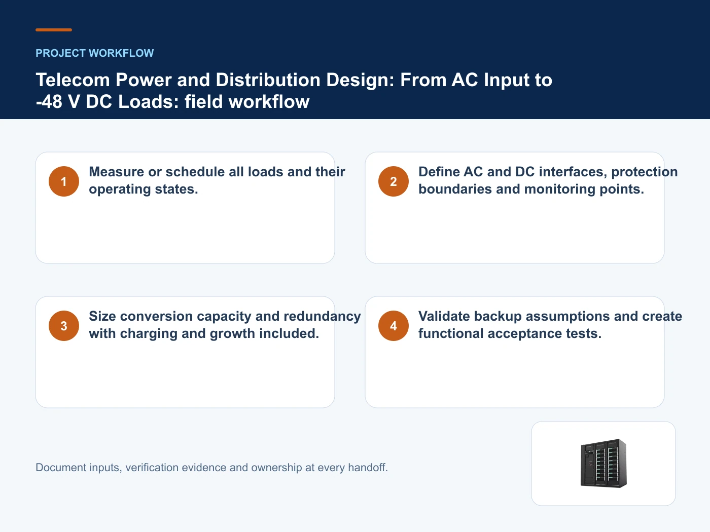 Project workflow for telecom power system design with verified product imagery