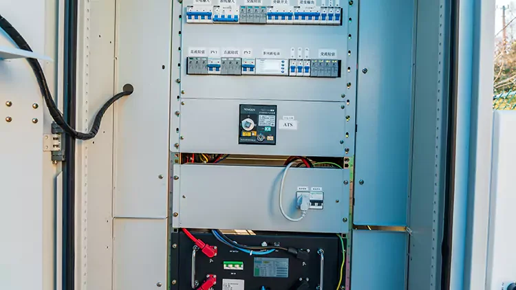 Open Qinhuo station cabinet showing distribution equipment above the battery section